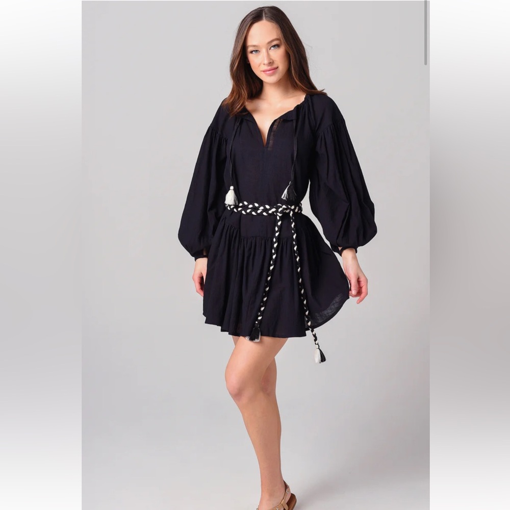 AISH SASHA BLACK FRONT TIE COTTON DROP WAIST MINI DRESS (w/o belt) GREAT COND XS